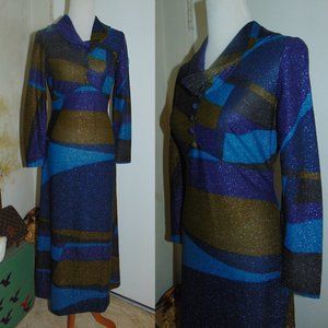 Englands " Mary Wilson" Vintage 70's Maxi Sexy Metallic Dress M Studio 54 Blue